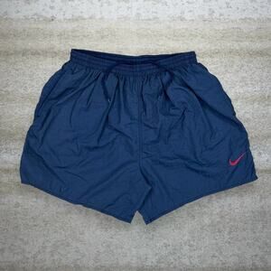 Vintage 90s Nike Swim Shorts Mens L Navy Blue Maroon Red Swoosh 6" Inseam Nylon